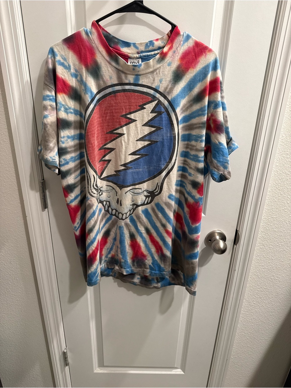 Vintage 90’s Tie-Dye Grateful Dead Lightning Skull Tee - Red, Blue, White